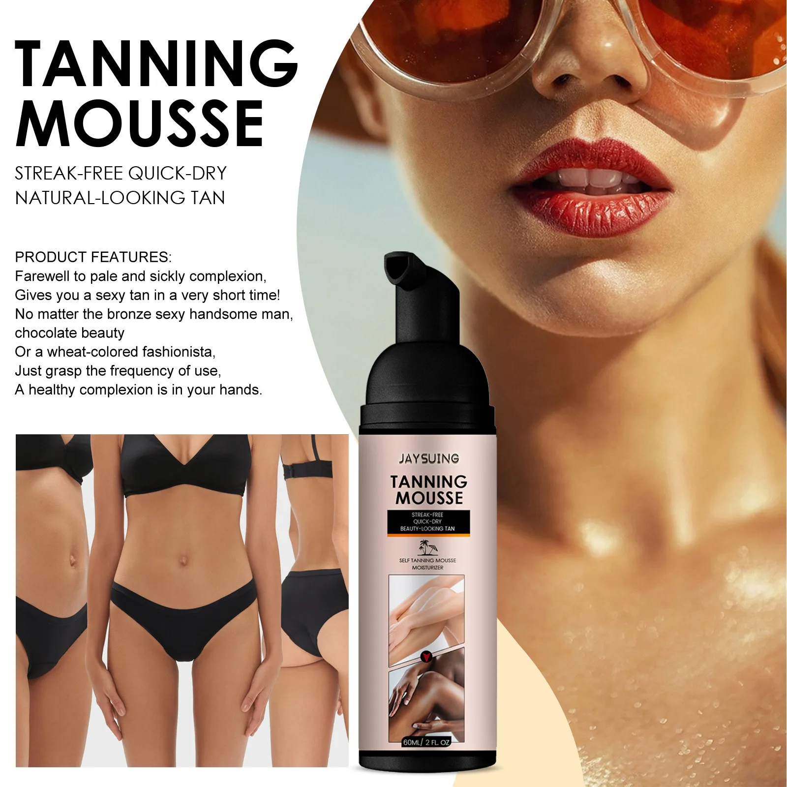 Bräunungs-Mousse-Creme, Solarium, brauner Sonnenbronzer, sonnenloser Bräuner für den Innenbereich, selbstbraune, feuchtigkeitsspendende, feuchtigkeitsspendende, körperbronzierende Lotion, 60 ml