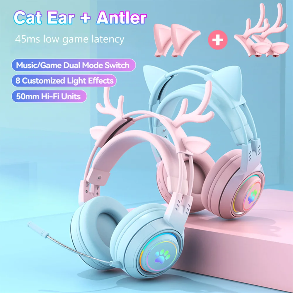 

Cute Antlers/Cat Ear Wireless Bluetooth Headphone Gamer 3.5mm Earphone Gaming Headset With RGB Light For Child/kid Girls Gift