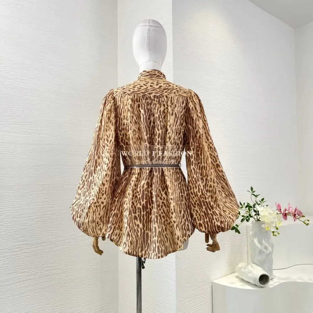 

2025 New Fashion Brown Leopard Print Long Sleeve Blouse Tops