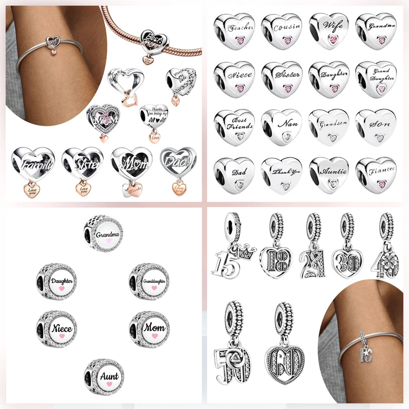 

Hot Sale 16 18 21th Celebration Thank You Mum Heart Family Charm Beads Fit Original Bracelets Accessories DIY Women Jewelry Gift