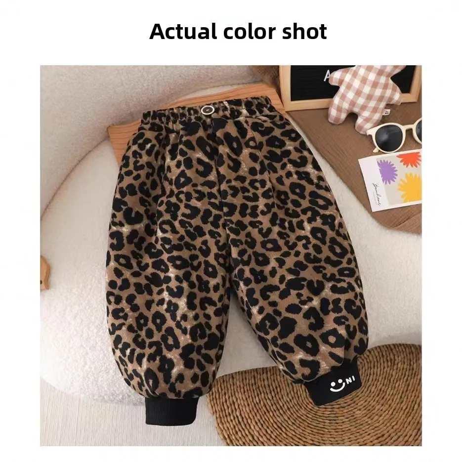 2026 Kids Clothes Leopard Print Pants Boys Girls Winter Fleece Lined Warm Trousers Straight Leg Integrated Pants