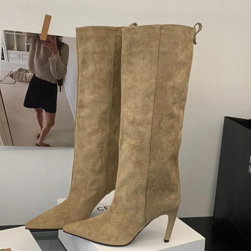 

Зима 2024, новые брендовые женские высокие сапоги, модные женские элегантные сапоги до колена с острым носком, ботинки на среднем тонком высоком каблуке, обувь
