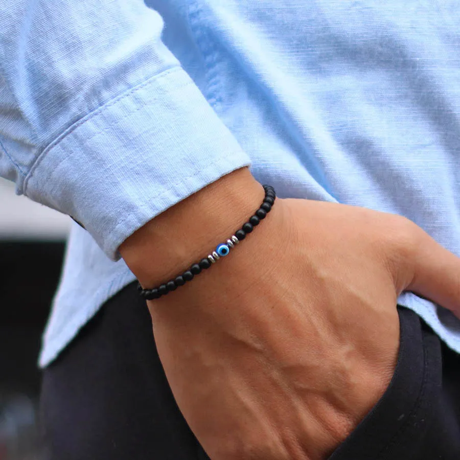 Stylish 4mm Stone Bracelet For Men Natural Tiger Eyes Map Strand Braslet Silver Color Hematite Healing Braclet Perfect Gift Men