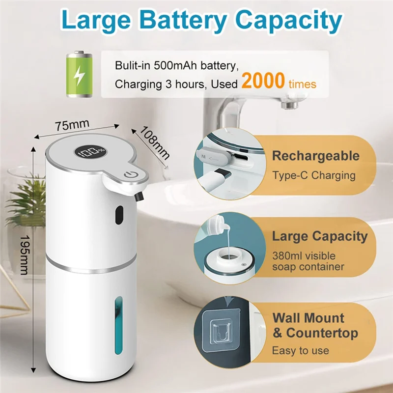 A15Q-Automatic Sensor Soap Dispenser Smart Foam Hand Soap Dispenser Rechargeable Digital Display