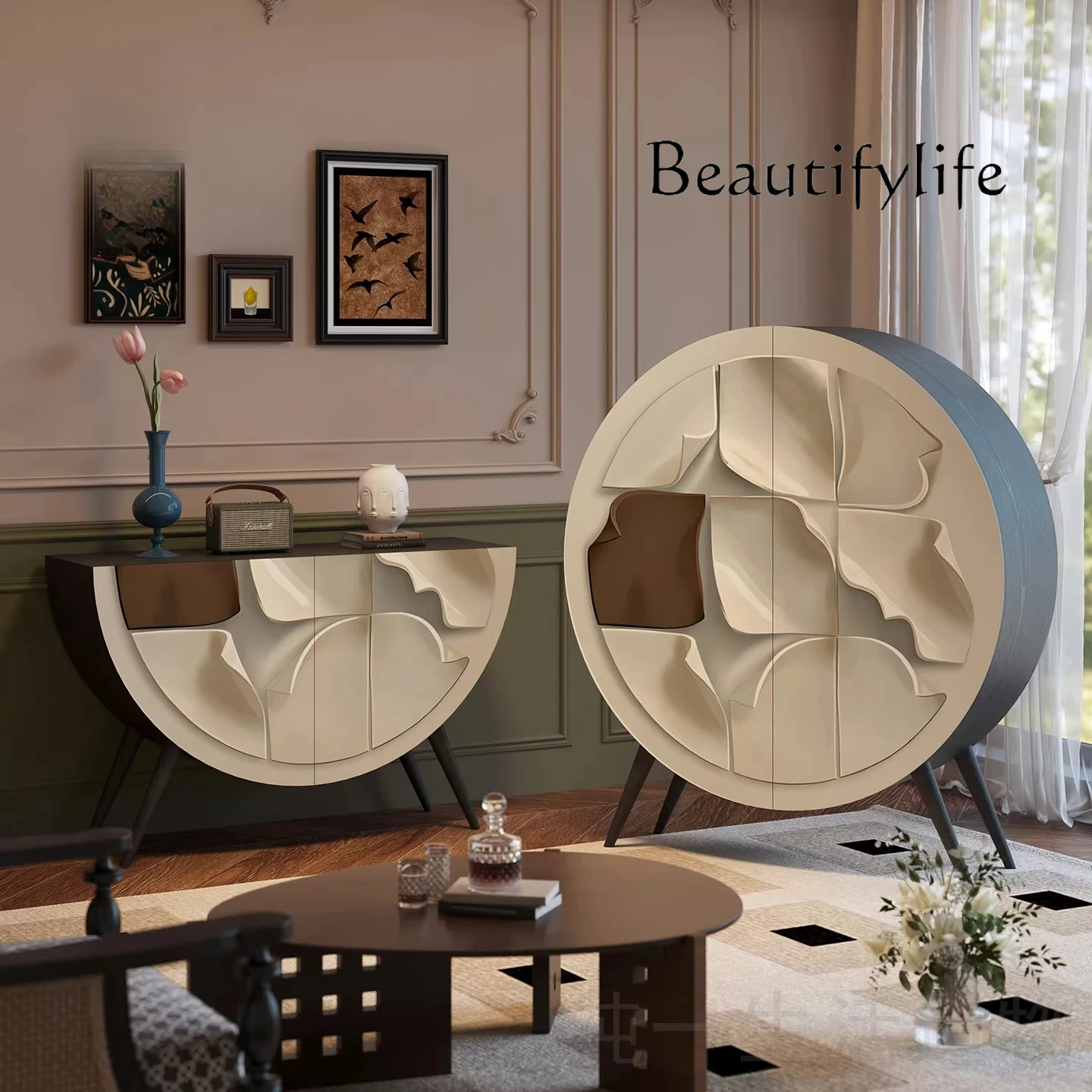 

X French light luxury high sense round solid wood dining side cabinet household decoration vertical cabinet aisle storage