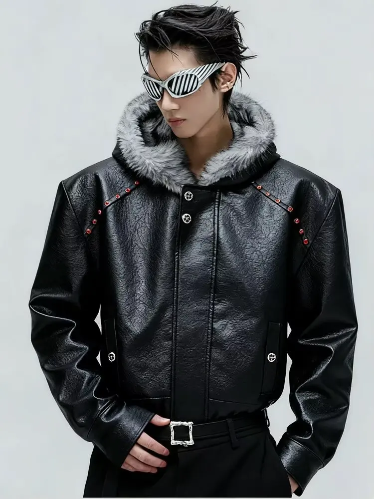 American Style Men's Padded Jackets PU Leather Faux Fur Fleece Thickened Solid Color Loose Male Hooded Warm Coats Tide