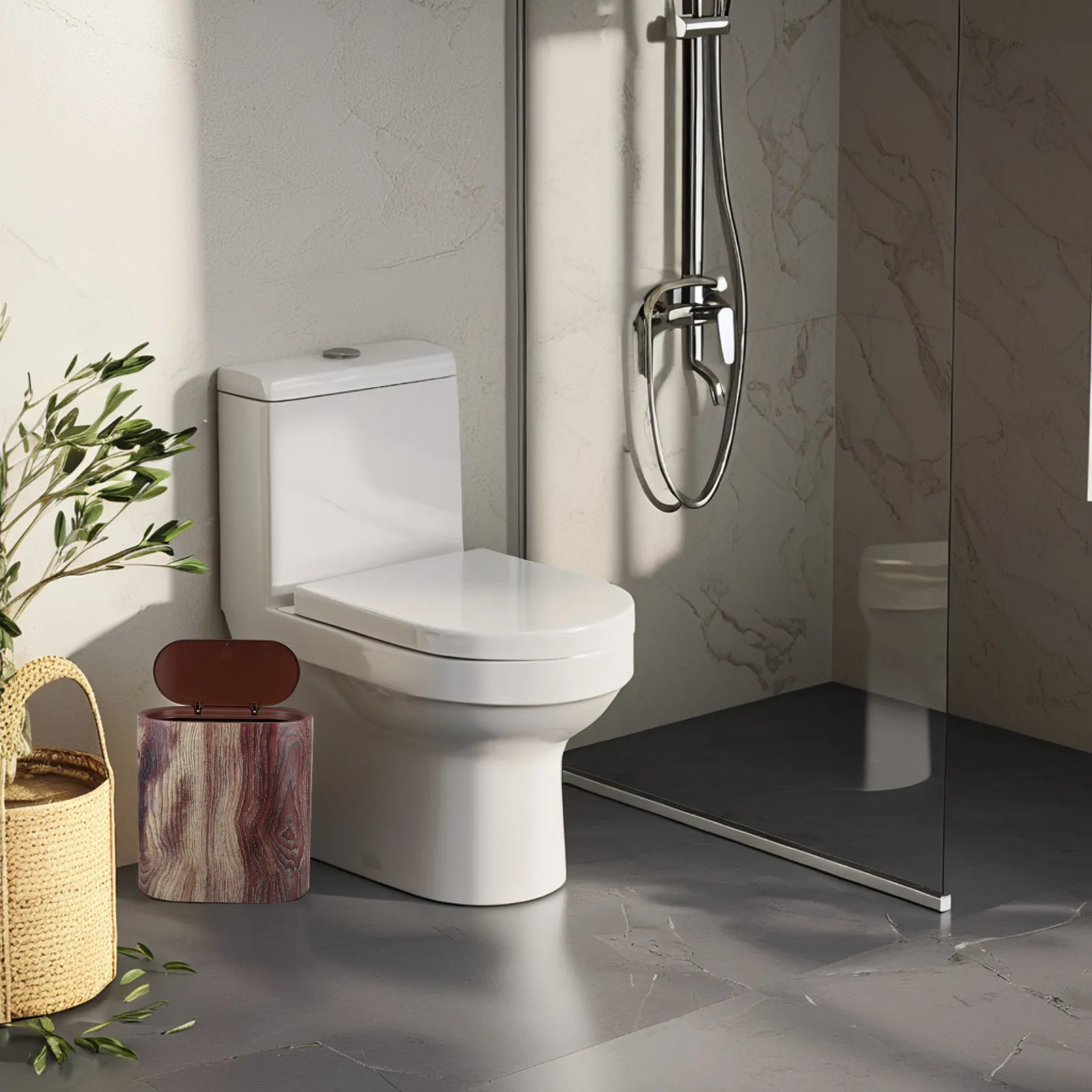 Space-Saving Wood Grain Trash Bin with Lid Slim Compact Wastebasket for Bathroom Kitchen Office Waste Basket for Bedroom