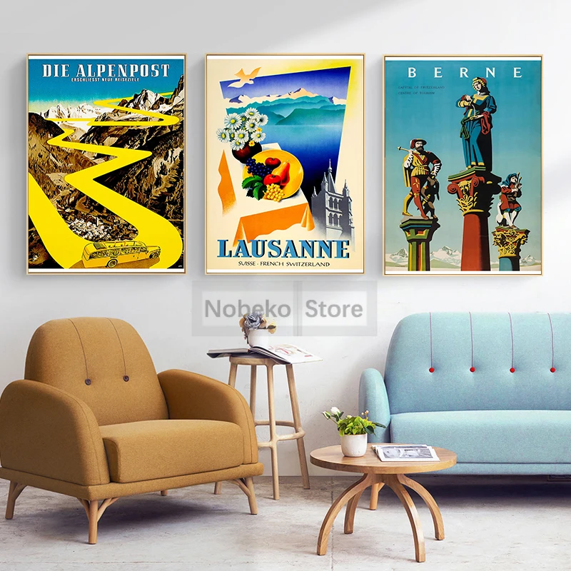 Switzerland Vintage Travel Posters San Bernardino Zurich Lugano Poster Prints Canvas Painting Wall Art Pictures Home Room Decor