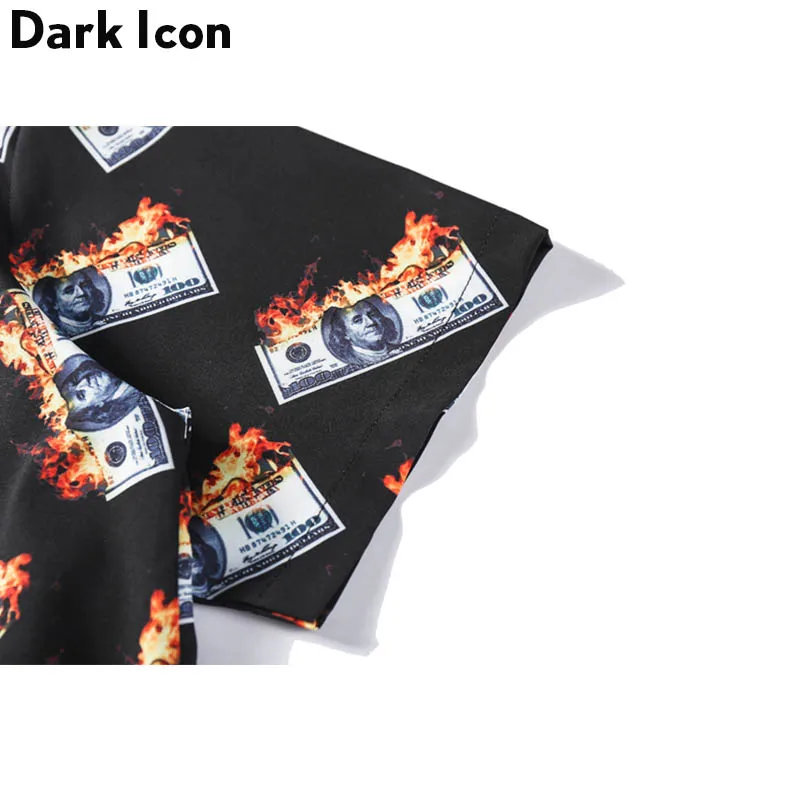 Dark Icon Flame Dollar Button Down Men\'s Shirt Summer Vintage Street Shirts Man Clothes Black