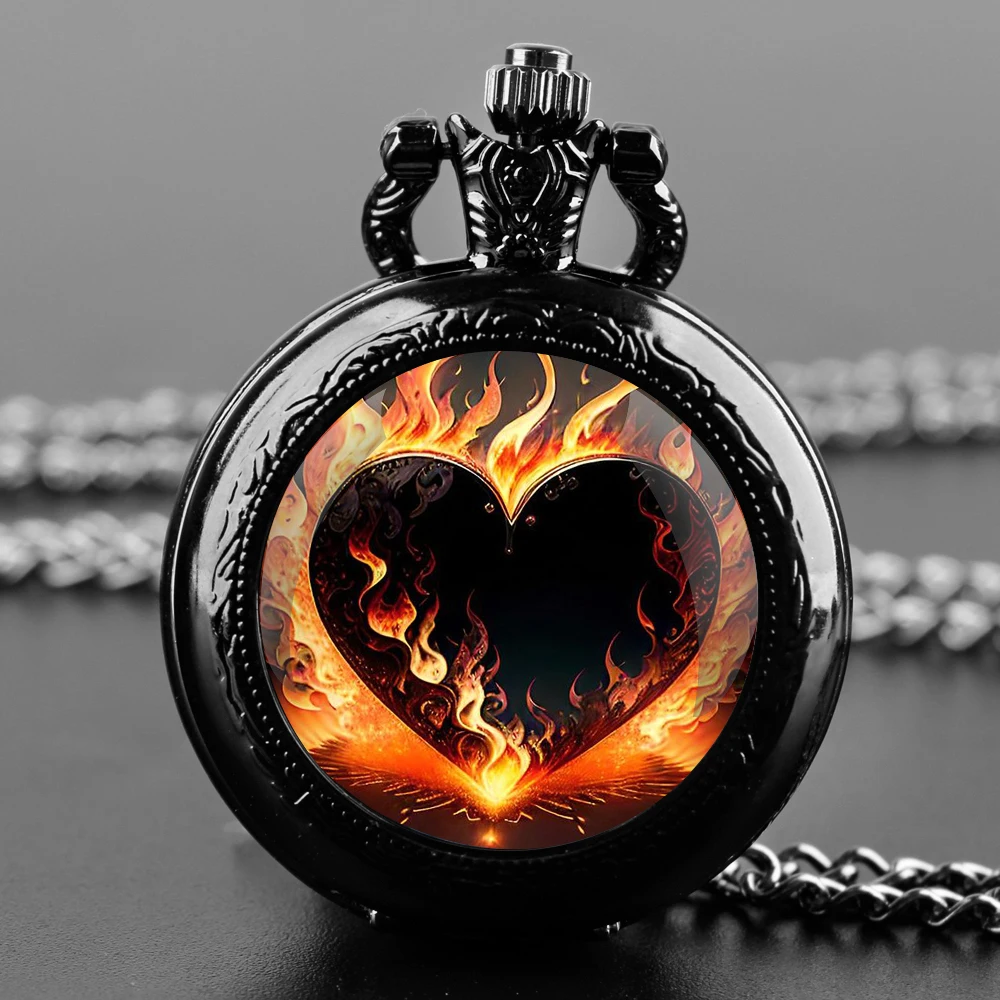 Love Flame Design Glass Dome Quartz Pocket Watch With Durable Chain Arabic Numeral Dial For Men And Women Creative Gifts