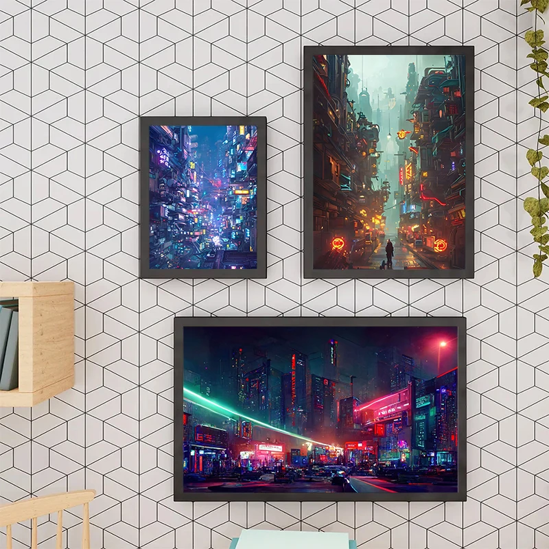 Cyberpunk City Landscape Painting Canvas Poster Creative Future City Wall Art Pictures for Living Room Bedroom Modern Home Decor