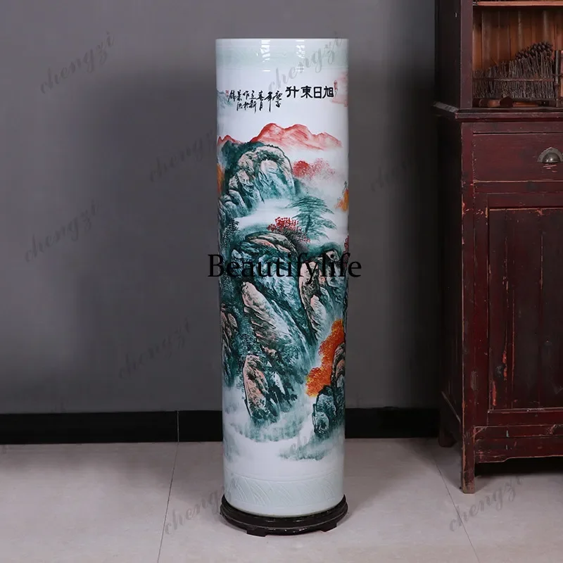 03 Rising Sun Ceramic Floor Painted Ink Color Large Vase Living Room Hotel Chinese-style Quiver Flower Arrangement