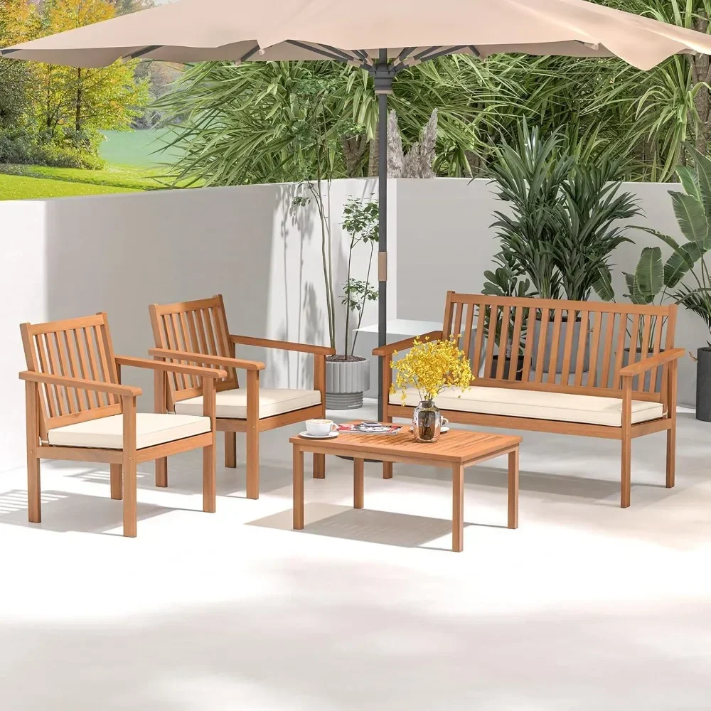 4 Piece Patio Wood Furniture Set, Acacia Wood Sofa Set w/Loveseat, 2 Chairs & Coffee Table, Soft Seat Cushions