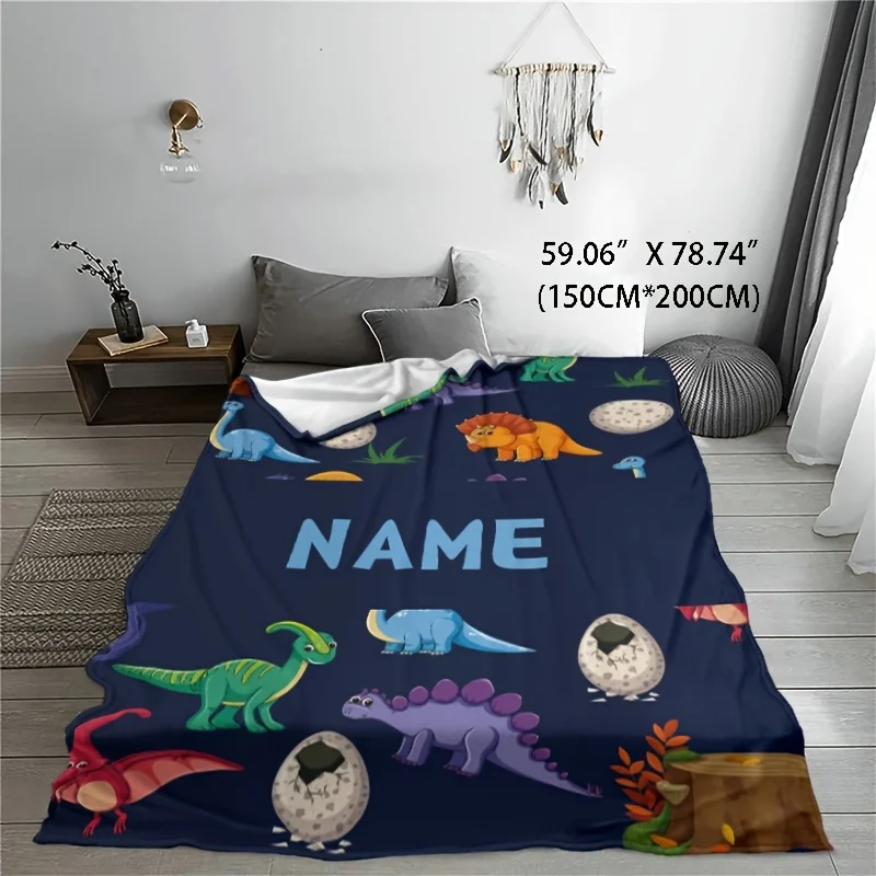 1pc Personalized Name Custom Dinosaur Pattern Blanket, Soft Plush Throw, Customizable Decor, Ideal For Bedroom And Playroom