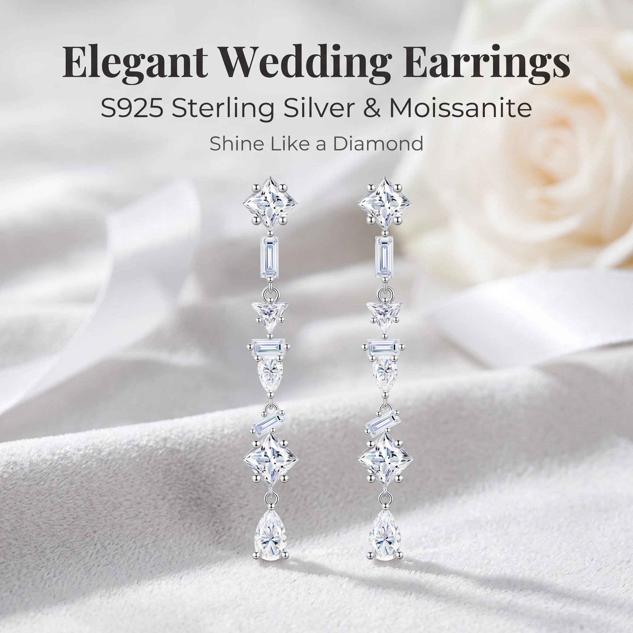 D Color VVS1 Moissanite Long Drop Earrings S925 Sterling Silver Multi-cut Princess Baguette Pear Triangle Moissanite Dangle Earr