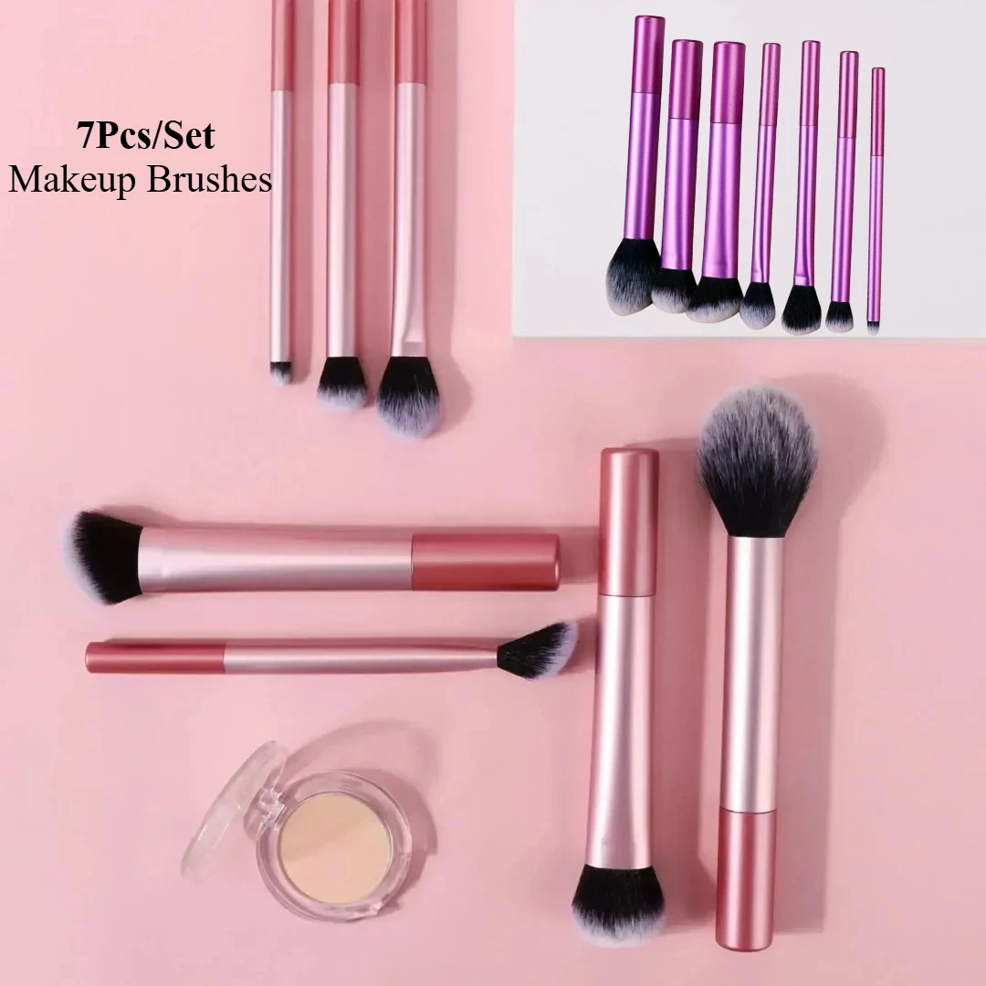 Conjunto de pincéis de maquiagem macios e fofos, 7 peças, para cosméticos, base de cabelo sintético, blush, pó, mistura de pincéis de maquiagem, ferramentas de beleza
