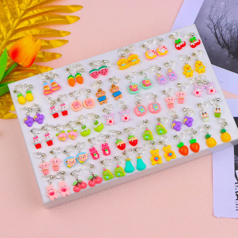 Wholesale Bulk Lot 50Pair/Lot Child Clip On Earrings For Girls Animal Fruit Mix Style For Kid Jewelry