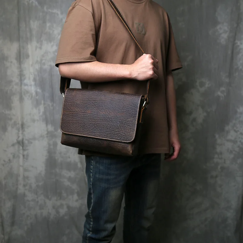 Vintage Full-Grain Crazy Horse Leather Crossbody Bag - Men's Retro Flap Shoulder Bag