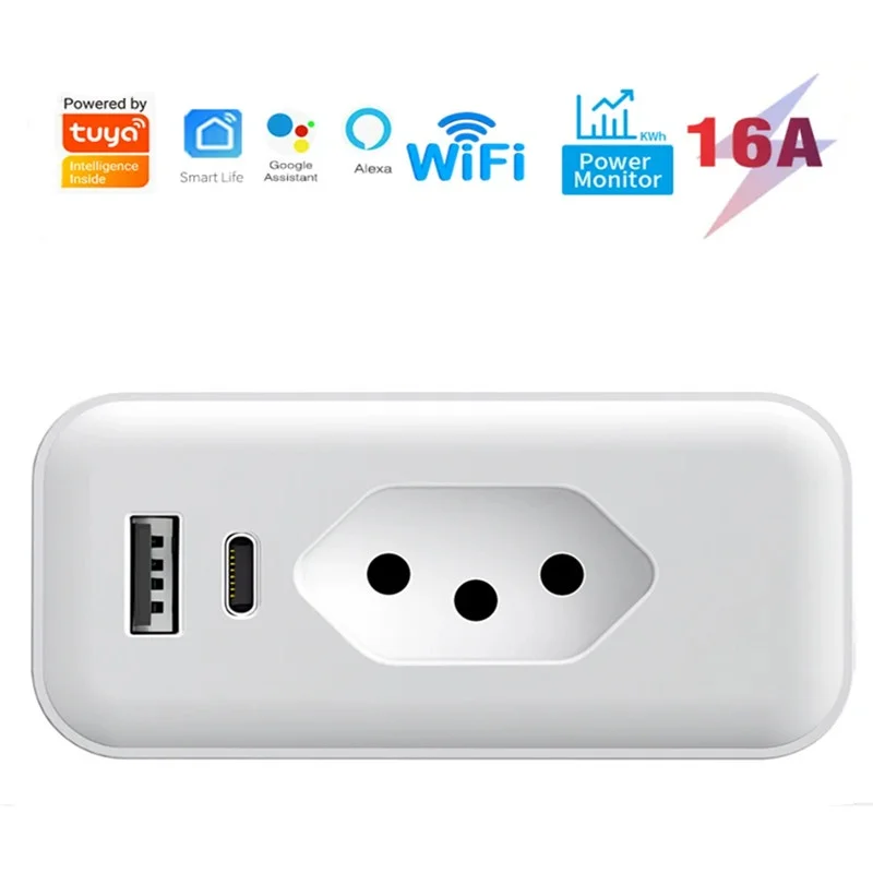 

LVGESS Tuya 16A Brazil Smart Socket with Power Monitor, Smart Life App 1*USB 1*Type-C Socket Outlet work for Google Home Alexa