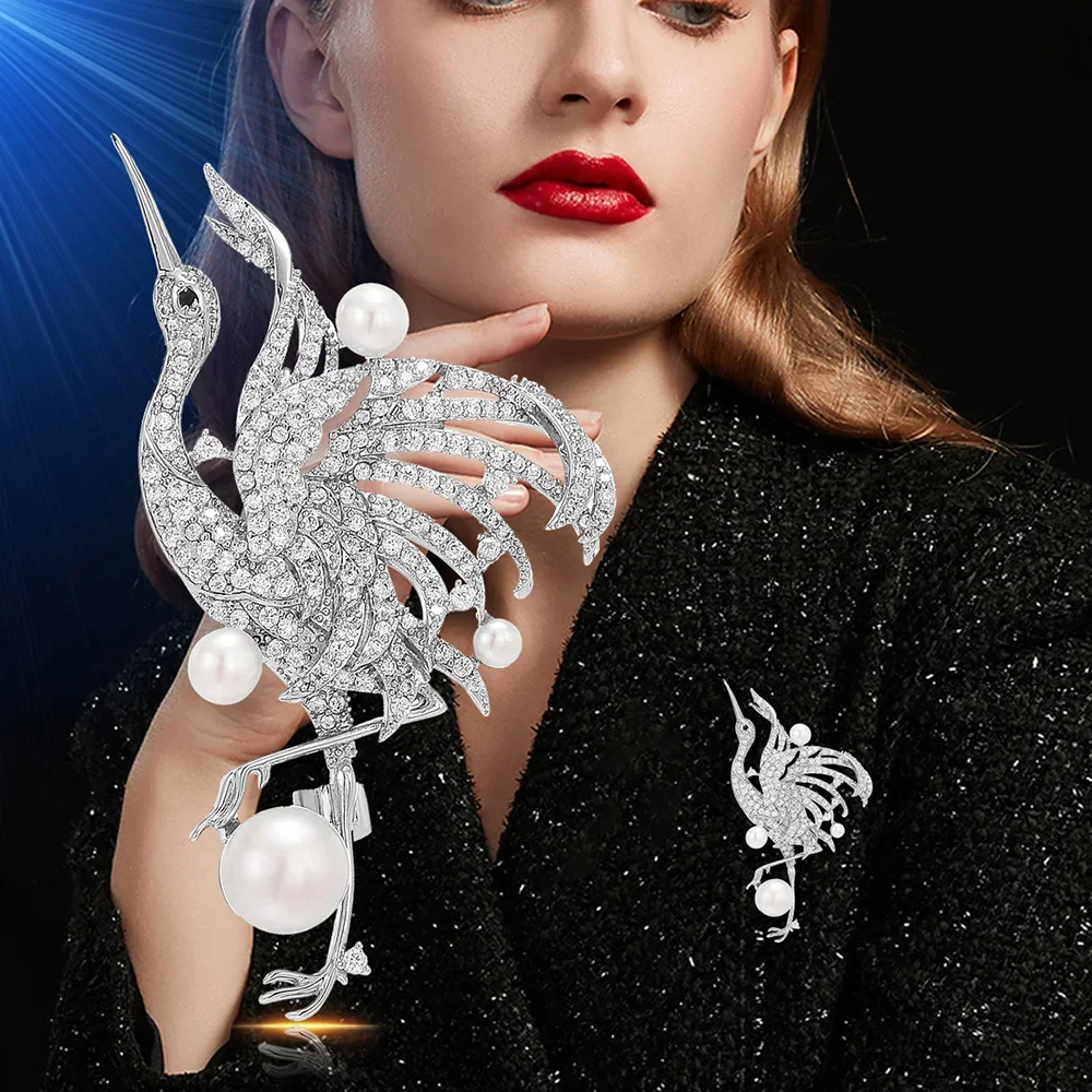 Luxury Cloud Crane Brooch for Men Women Elegant Full Rhinestone Freshwater Pearls Inlaid Jewelry Wedding Banquet Accessories Pin