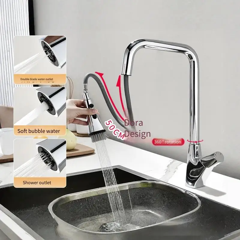 Stainless Steel Kitchen Pulling Faucet All Copper Household Sink Vegetable Basin Hot and Cold Universal Pull-out Water Tap