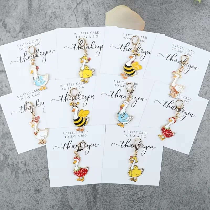 10-Piece Set of Decorative Goose Keychains, Designed with Farmer, Bee, Raincoat, Cowboy, and Nurse Outfits, Alloy Pendants, with Thank You Card, Rustic Vintage Gift, Exclusive for Goose Enthusiasts