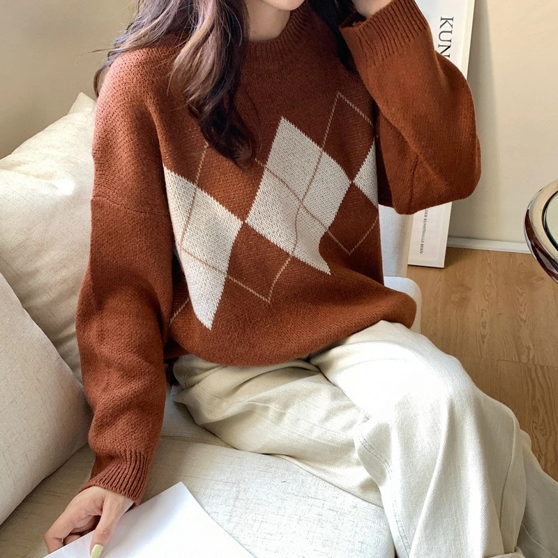 

Colorblock Argyle Pattern Sweater Women Spring Autumn Retro Drop Shoulder Knitted Pullovers Mujer Fashion O-Neck Geometric Tops