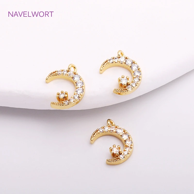 14K Gold Plated Crescent Moon Pendants For Jewelry Making, High Quality Brass Metal Inlaid Zircon Moon Charms Wholesale