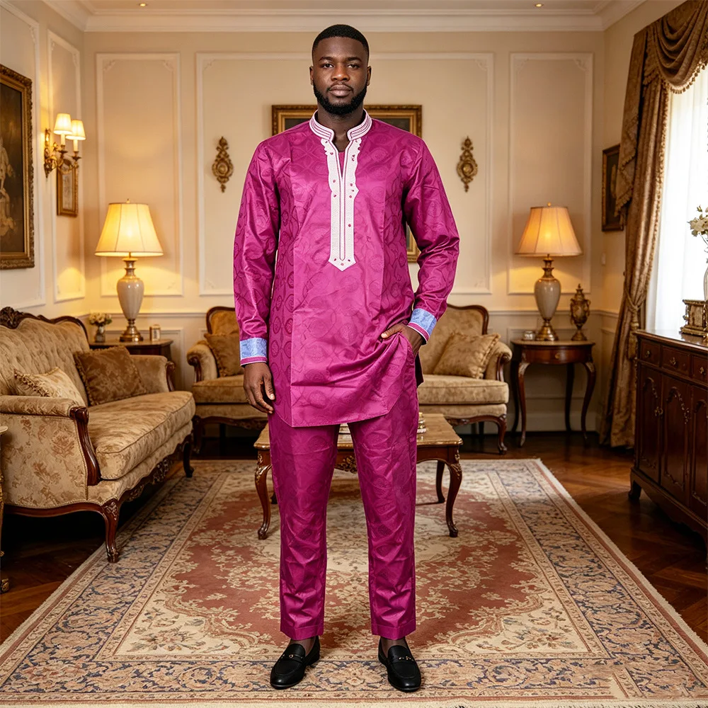 Africa Clothing Plus Size African Clothes for Men Bazin Embroidery Design 2 PCS Set Tops and Pants Trousers Suits