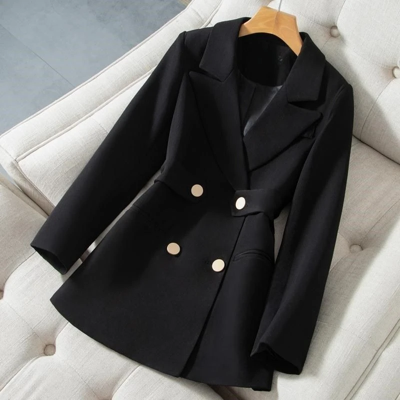 Blazer negro para mujer, novedad en chaquetas, chaqueta larga informal de oficina para mujer, chaqueta lisa de gran tamaño de manga larga para primavera 2025 para mujer