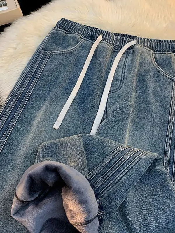 

Мужские свободные прямые джинсы, рабочая одежда на подкладке, брюки, износостойкие повседневные джинсы на весну, осень-зиму