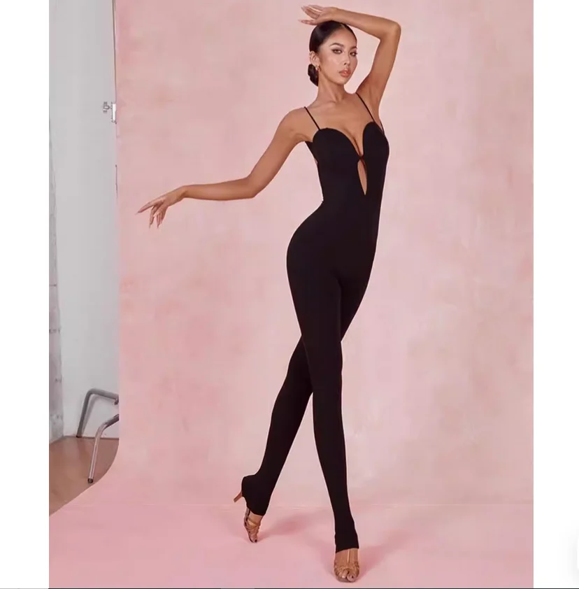 

Sexy Halter One-Piece Latin Dance Training Suit with Padded Chest and Cotton Lining
