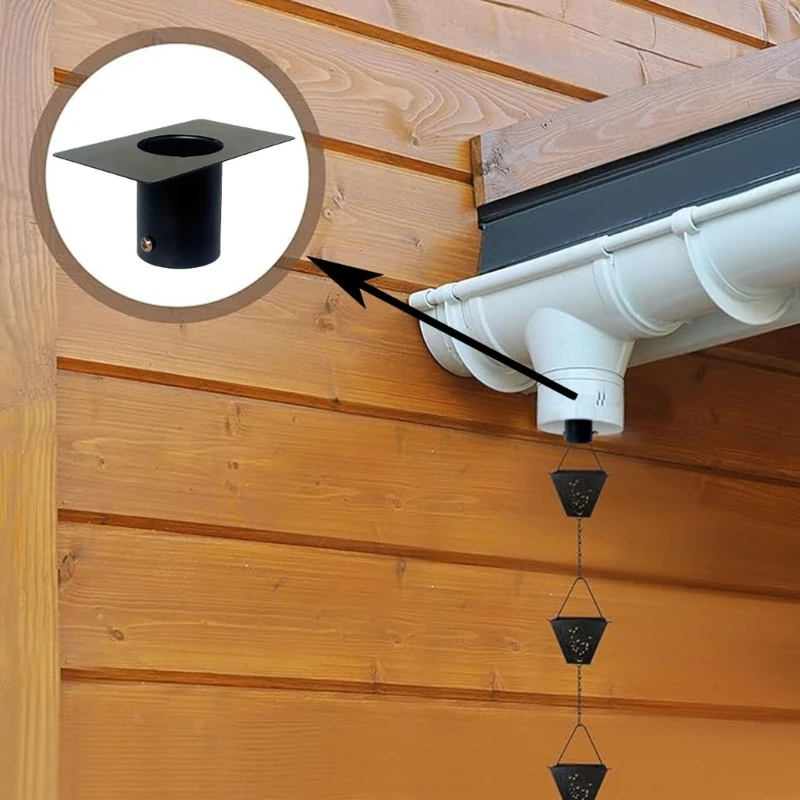 E8BD Iron Rain Chain Adapter for a Gutter Outlet, Featuring a Rectangular Upper Panel, Center Opening, Inner Hanging Loop and