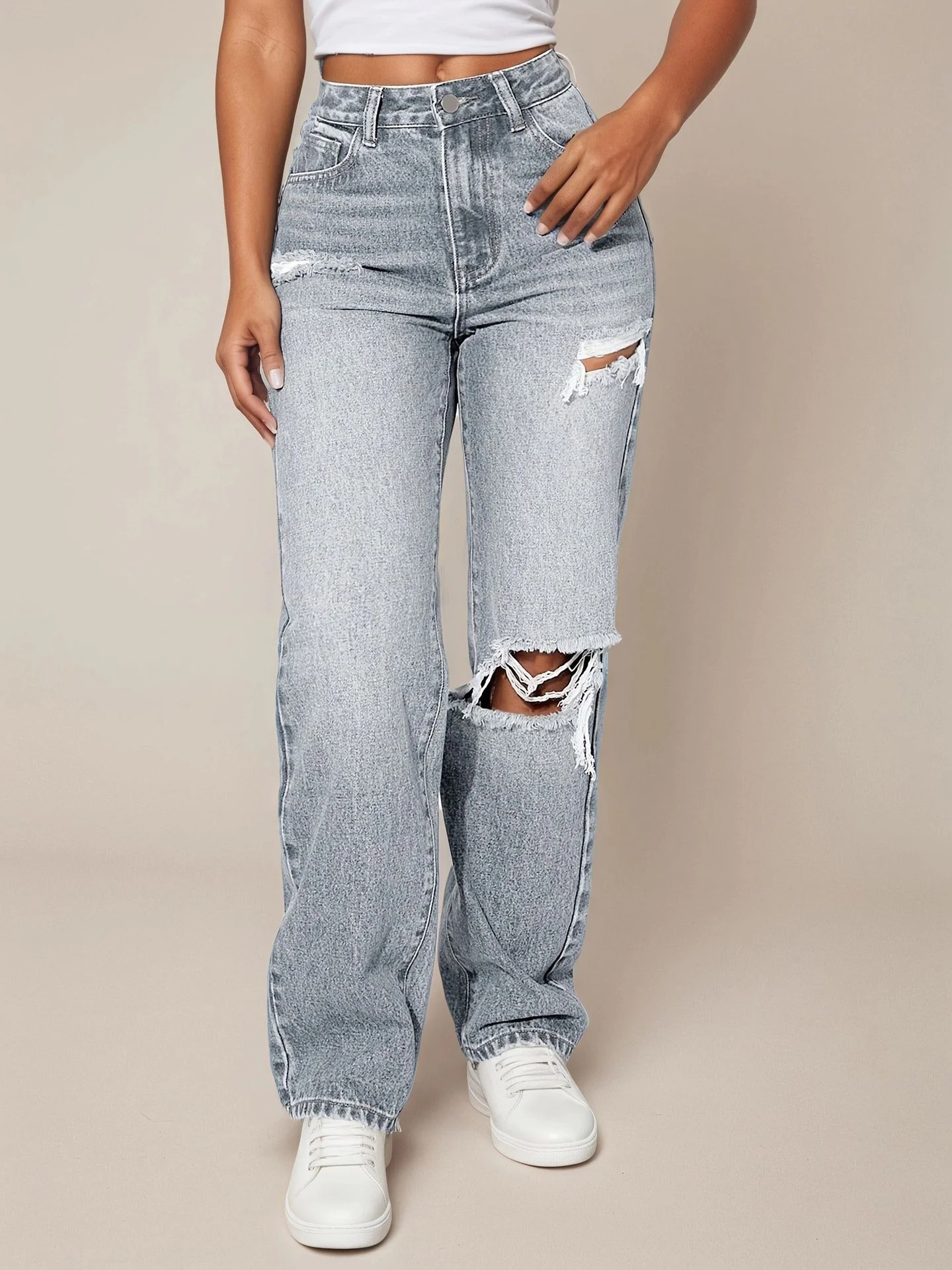 

Mid Waist ripped Jeans For Women's Spring Summer New Loose Straight Leg Pants Cool Girls High Street Trendy Versatile Trousers
