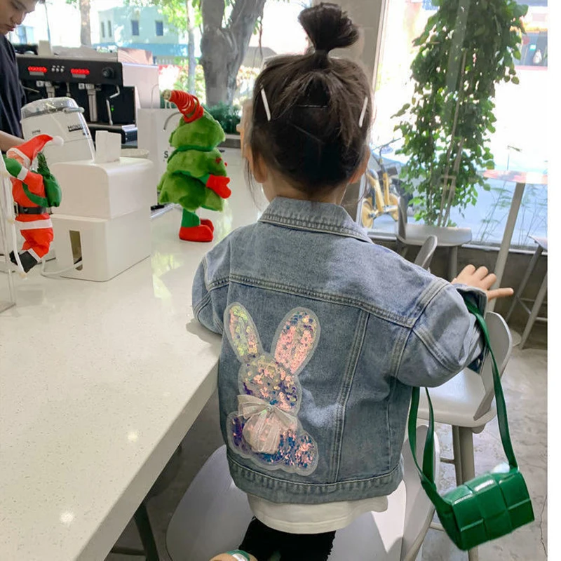 1-10 Year Girls Denim Jacket Baby Girl Clothes New Fashion Kids Jean Coat For Girls Cute Rabbit Sequis Design Children Outerwear