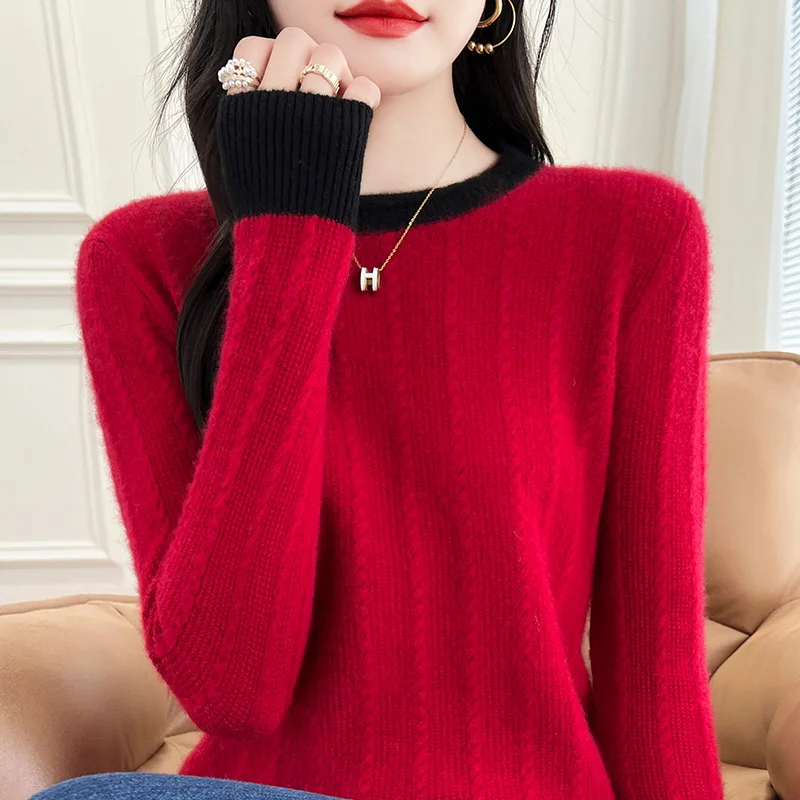 100% Wool Sweater Women Patchwork O-neck Long Sleeve Top Loose Casual Loose Knit Female Pullover Autumn Winter Jumper Clothing