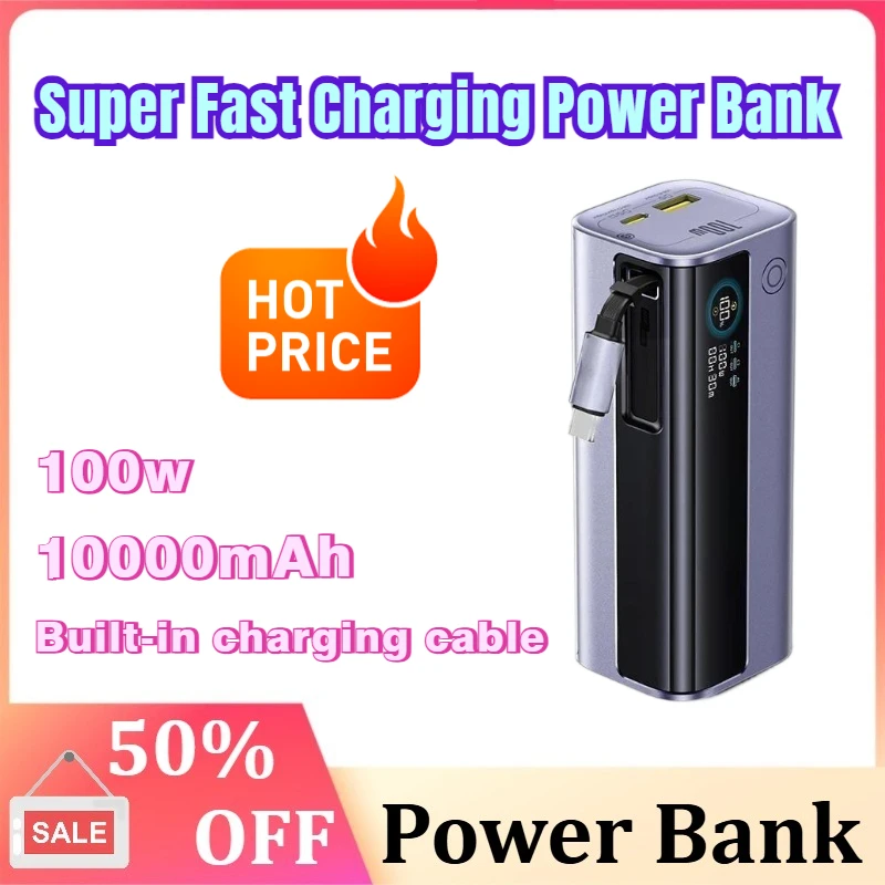 

100W 10000mAh Power Bank Built-in Retractable USB-C Cable Portable PD High Power Power Bank for Samsung for IPad for IPhone