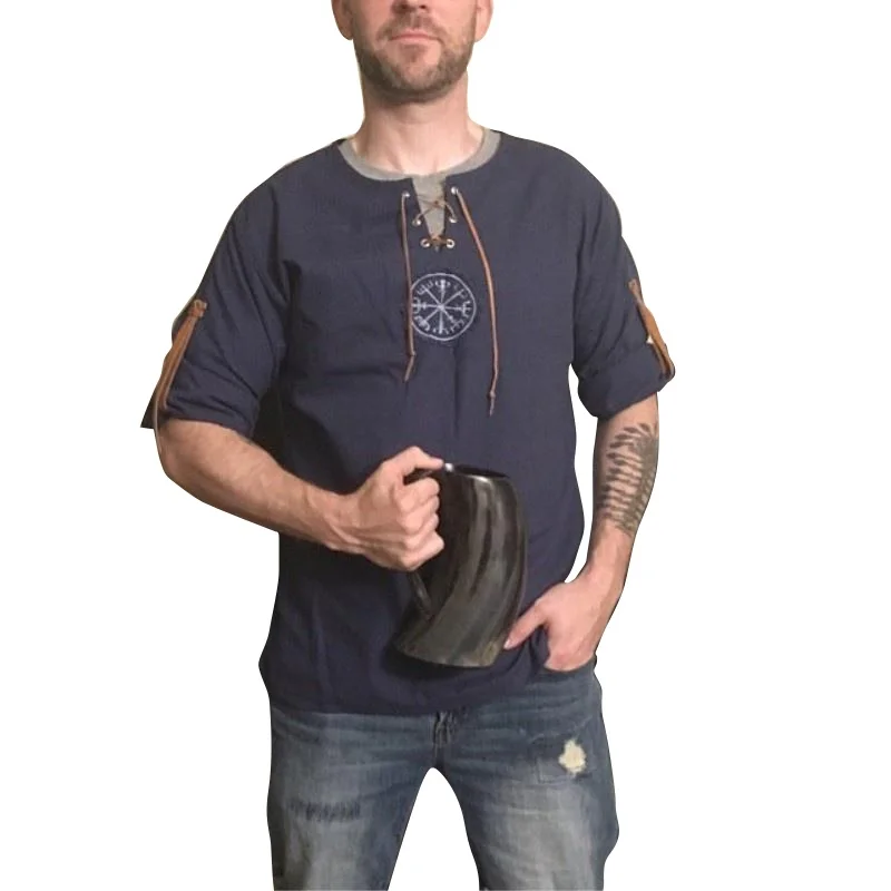 Fashion 5 Colors Linen Man Shirt with Ancient Viking Embroidery Long sleeve cotton Casual slim shirt