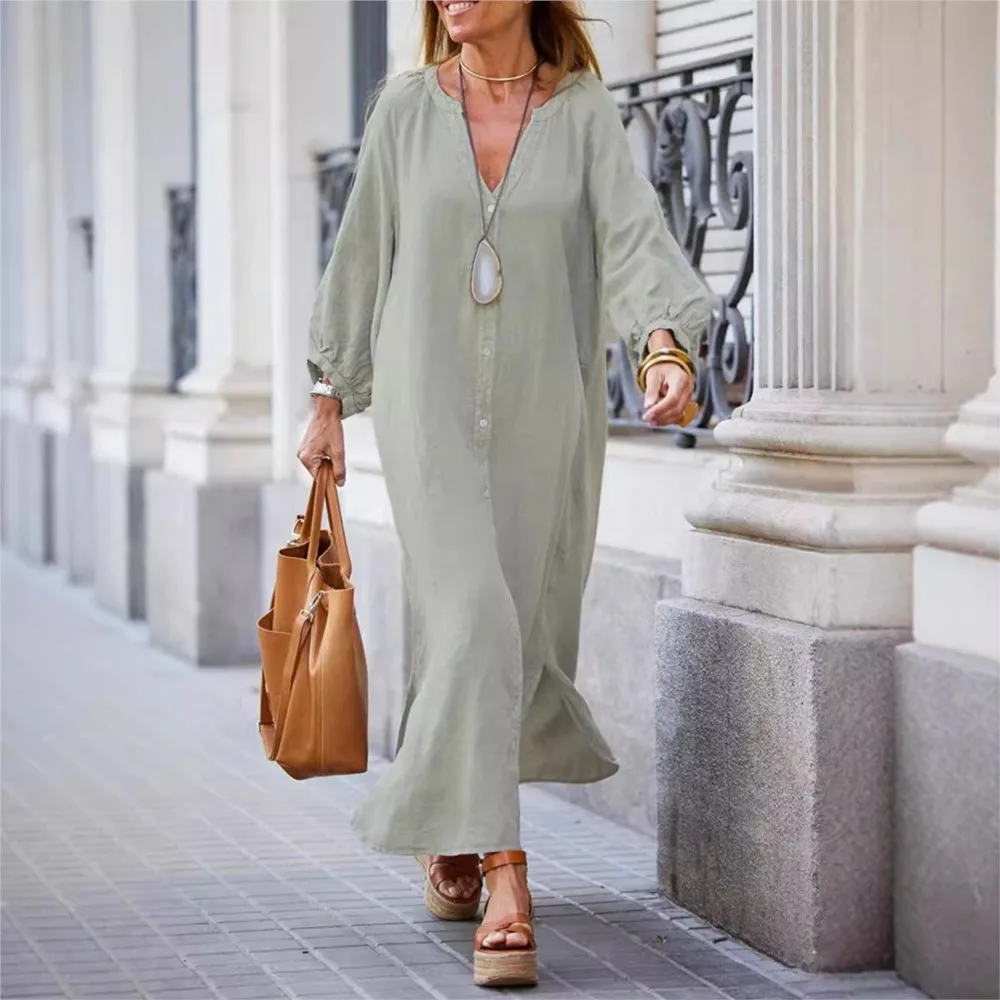 Elegant Women\'s Dress 2024 New Autumn And Winter Cotton And Linen Fashionable Casual V Neck Cardigan Maxi Shirt Dress Robe Femme