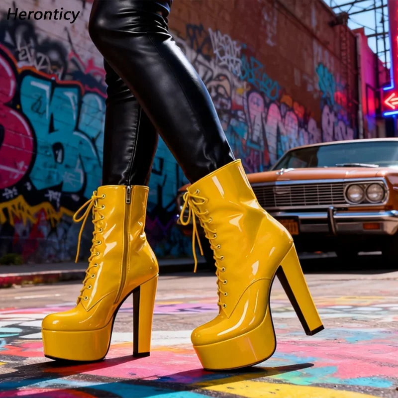 

Желтые ботильоны из лакированной кожи Heronticy ручной работы на платформе и каблуке — модная обувь в готическом стиле в стиле панк, размер 5-20
