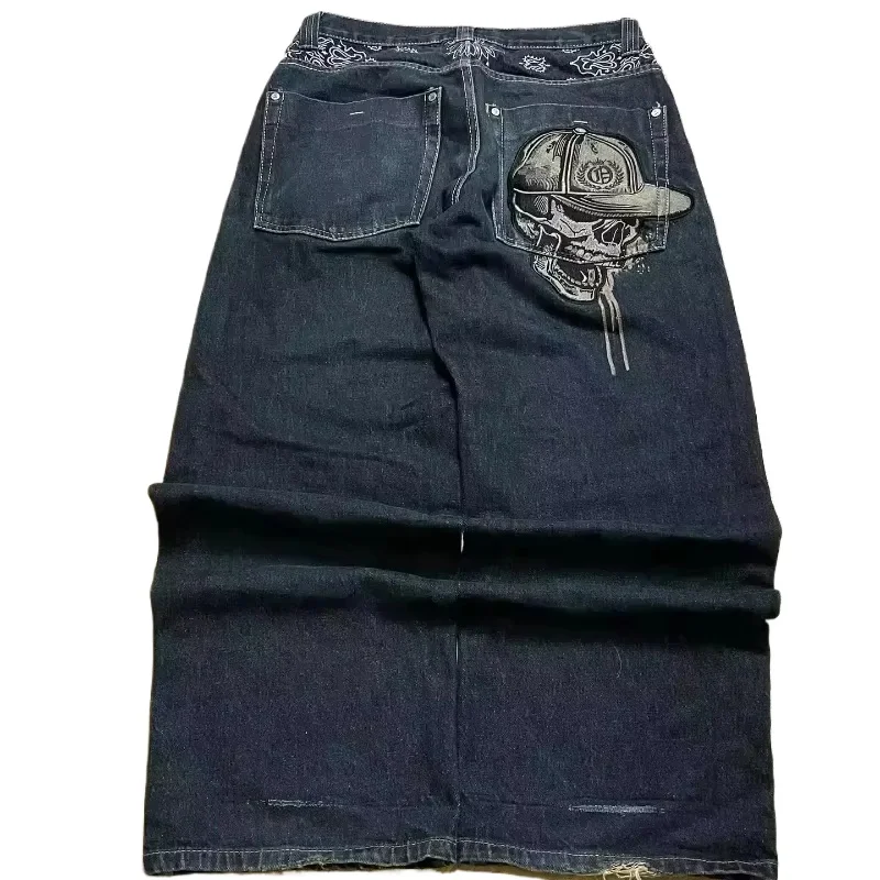 Fashion Trend Skull Embroidered Jeans Women Harajuku Y2K New Hip Hop Joker Straight Wide-leg Pants Couple Casual Jeans