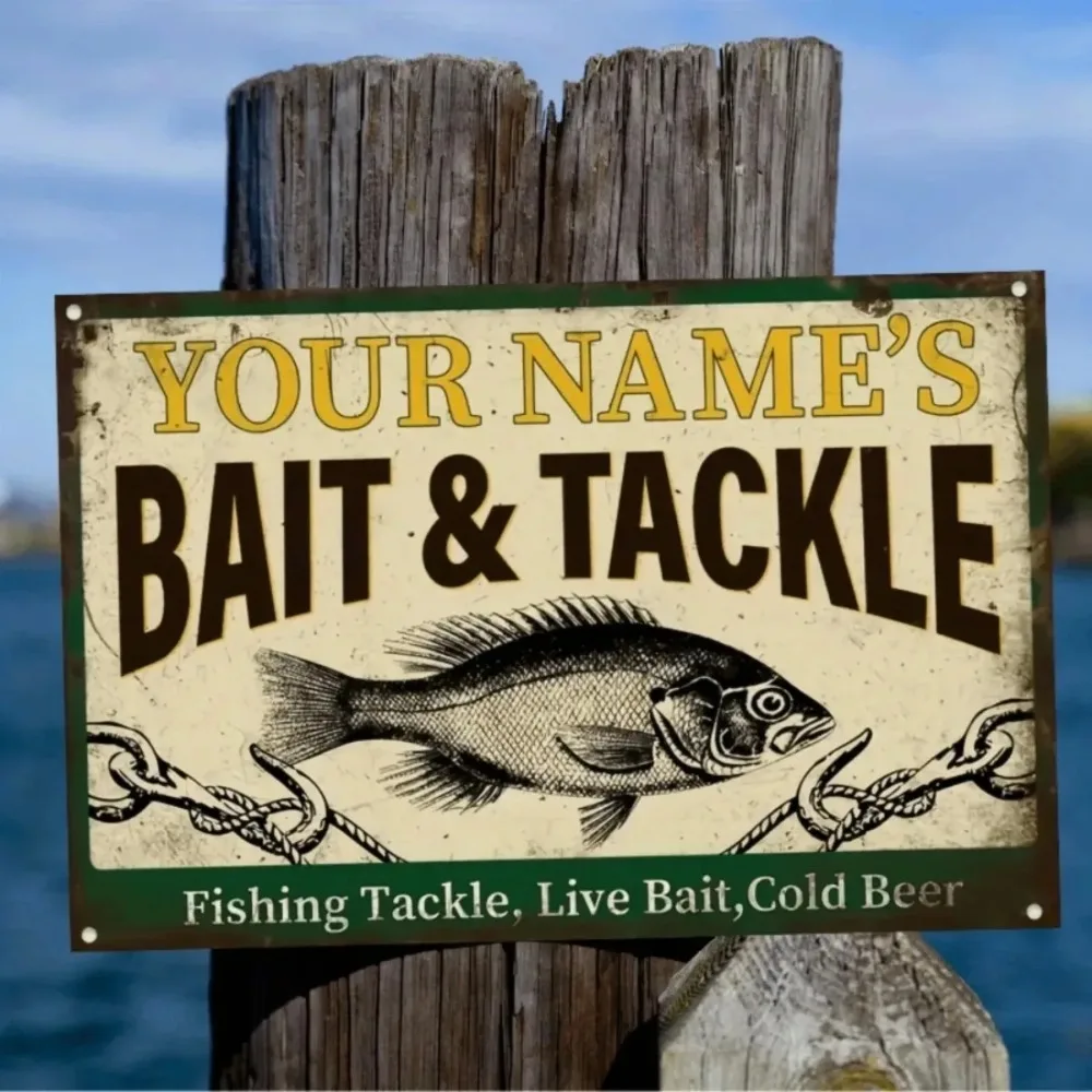 CIFbuy Personalized Retro Bait & Tackle Metal Sign, Waterproof Dustproof Garage Cafe Man Cave Wall Decor (Only For Decoration)