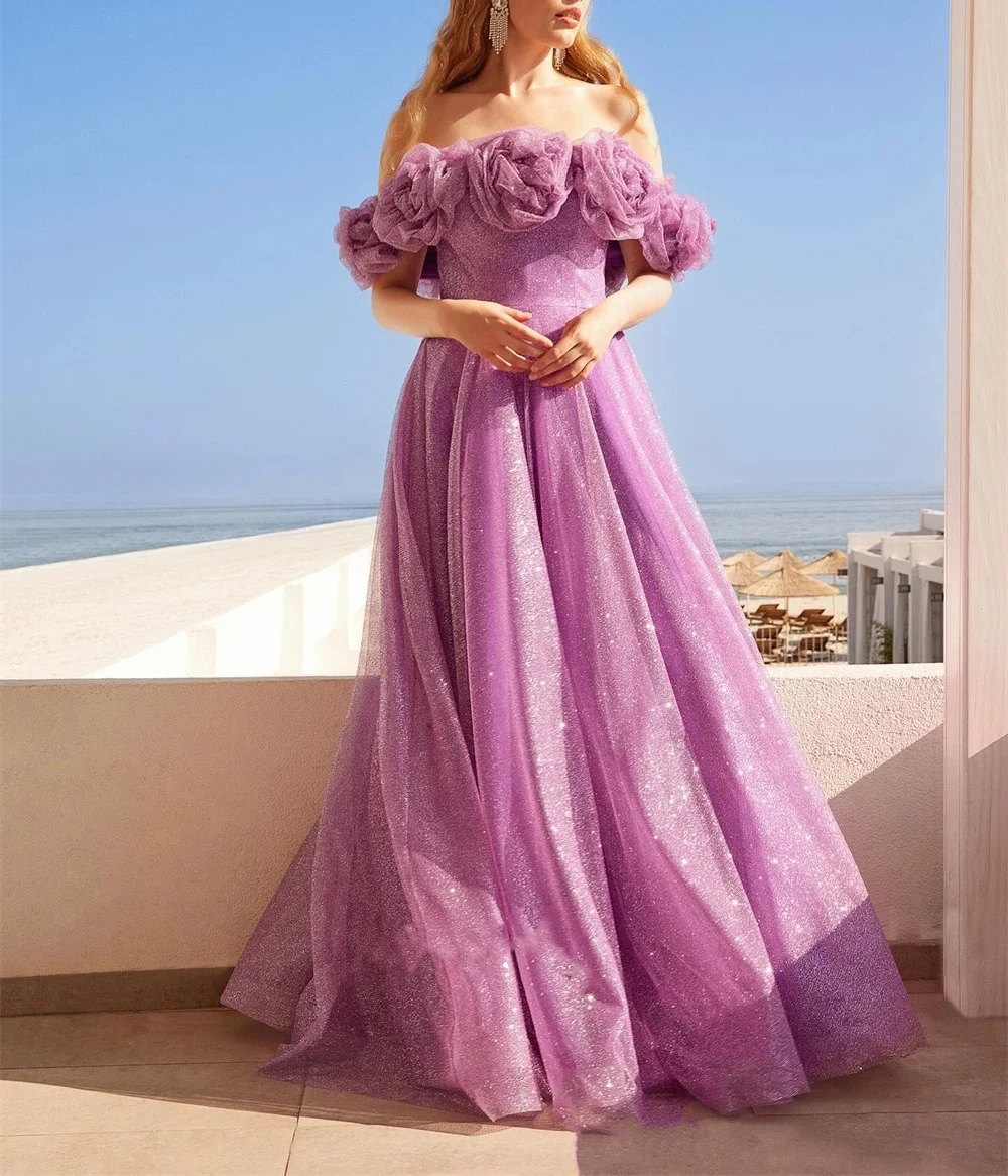

Customized long transparent stiff yarn flower decoration dress A-line strapless off shoulder evening gown 2026
