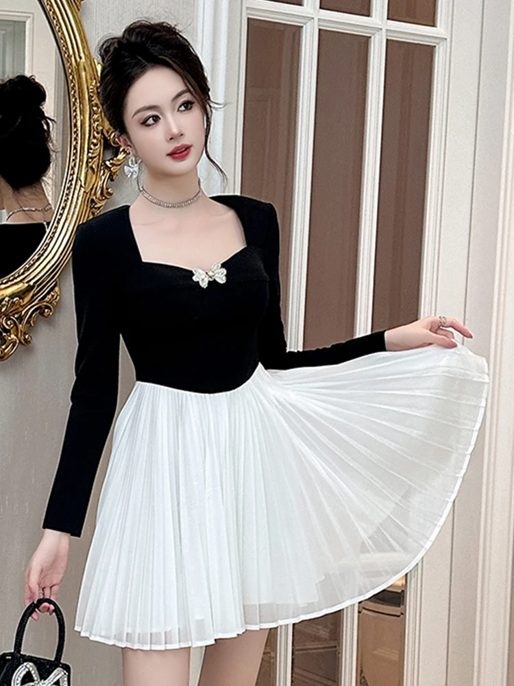 프랑스 우아한 여성용 미니 드레스, 사랑스러운 블랙 화이트 패널 긴 소매 스윙 볼 가운 스트리트 파티 드레스