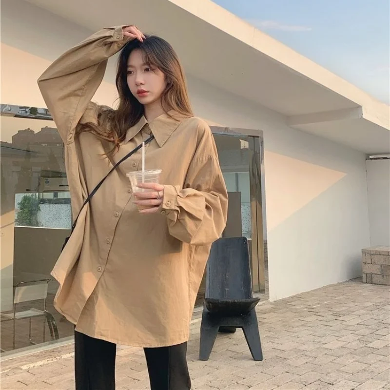 Spring Shirts Women Loose Long Sleeve Chic All-match Solid Tops Office Lady Elegant Single Breasted Korean Style Clothing Street