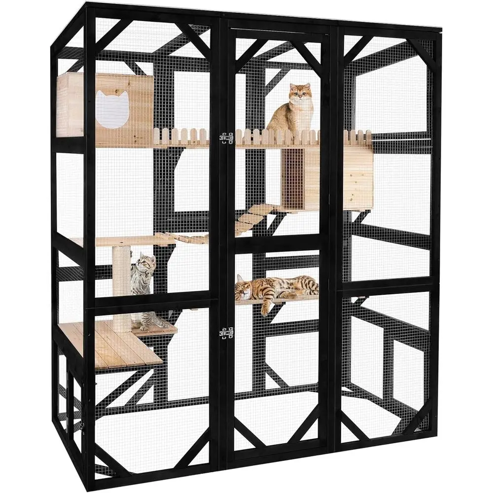 

Outdoor Multi-Cat Wooden Walk-in Enclosure with Sunlight-Friendly Weatherproof PVC Roof
