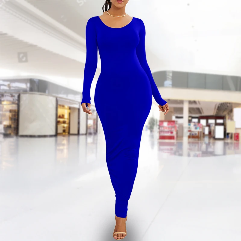 Kobiety wiosna jesień Sexy Solid Color z długim rękawem O-Neck Bodycon Maxi sukienka suknie wieczorowe eleganckie wygodne Vestidos