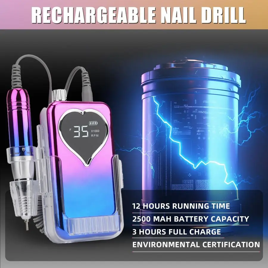 Taladro eléctrico para uñas acrílicas, juego de herramientas de lima de uñas eléctrica de 35000 RPM, pedic de manicura recargable EFile portátil