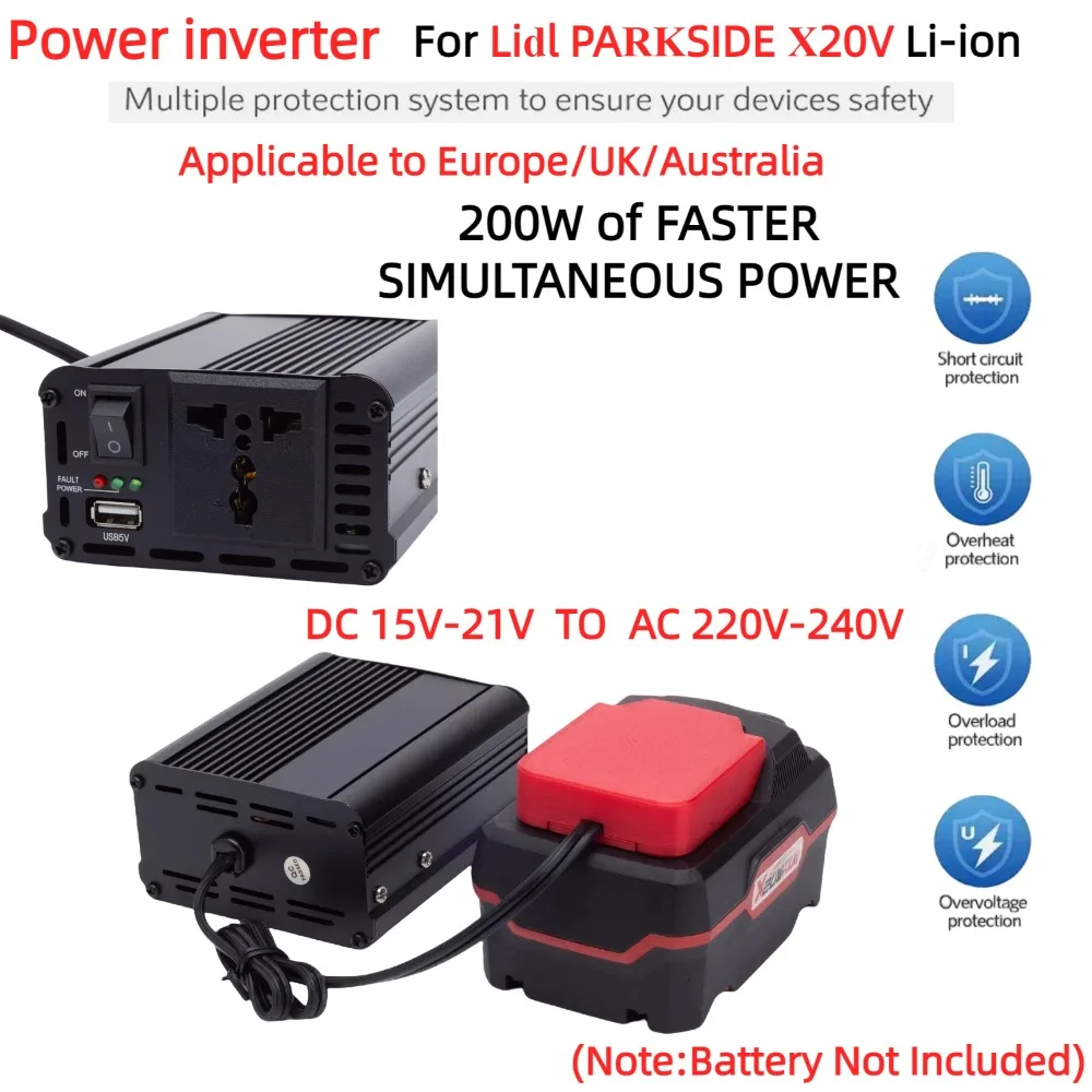 Inversor de Energia Portátil de 200 w para Bateria Lidl Parkside X20v dc 18v para ac 220v Alimentado com Usb 5v 2.4a para Reino Unido ue au sem Bateria