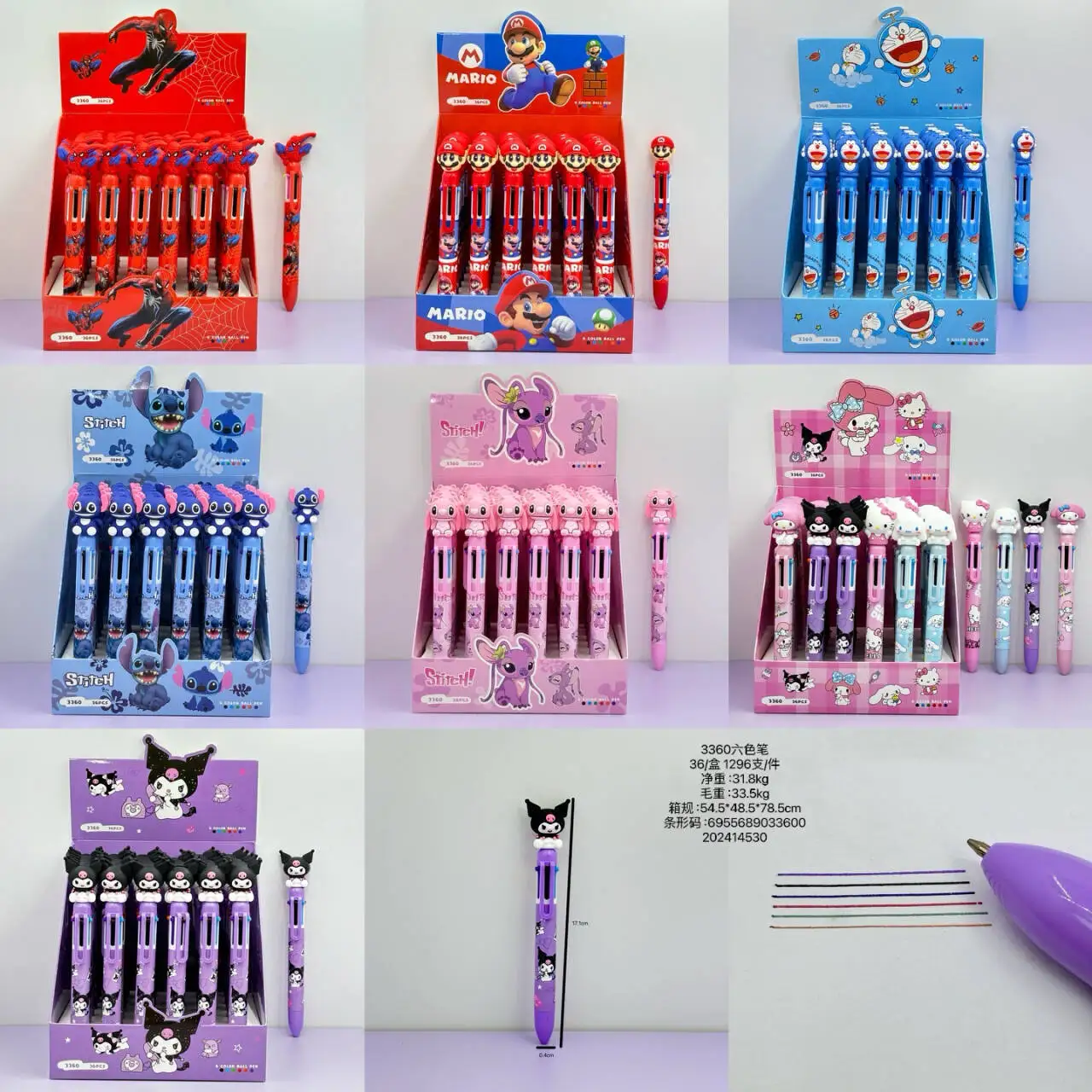 36 Pcs Cartoon Stitch Angel Spide Doraemon Doll 6-Colors Ballpoint Pen Kawaii Student Ball Pen Supplies Stationery Wholesale New